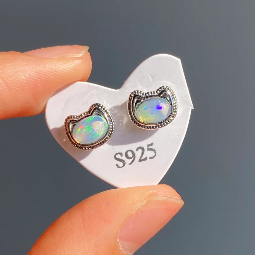 Opal Cat Sterling Silver Earrings